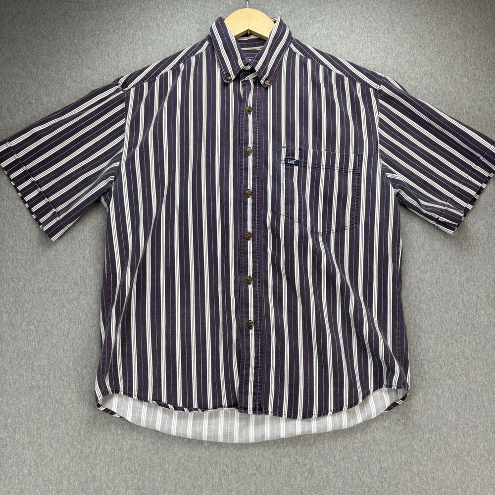 Lee 90s Striped Button Up Shirt Mens L Purple‎ White Striped Short Sleeve Retro
